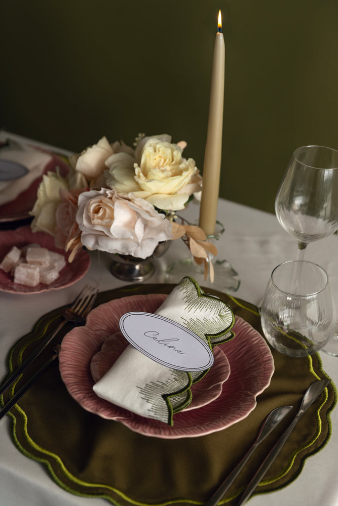 Olive Marquise | Embroidered Placemat & Scalloped Napkin (Set of 2 Placemats & 2 Napkins)