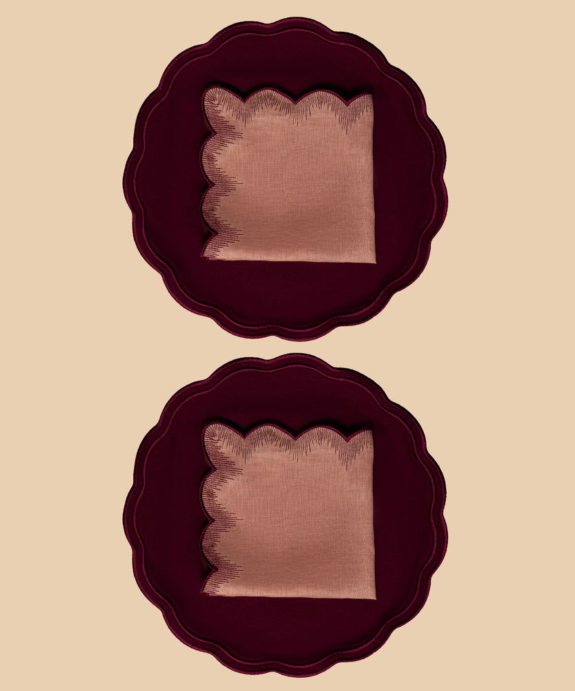 Vintage Bordeaux | Embroidered Placemat & Scalloped Napkin (Set of 2 Placemats & 2 Napkins)