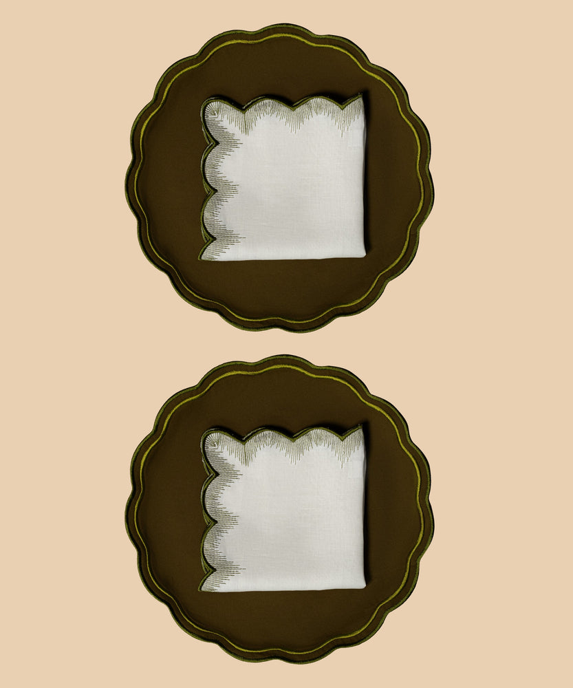 Olive Marquise | Embroidered Placemat & Scalloped Napkin (Set of 2 Placemats & 2 Napkins)