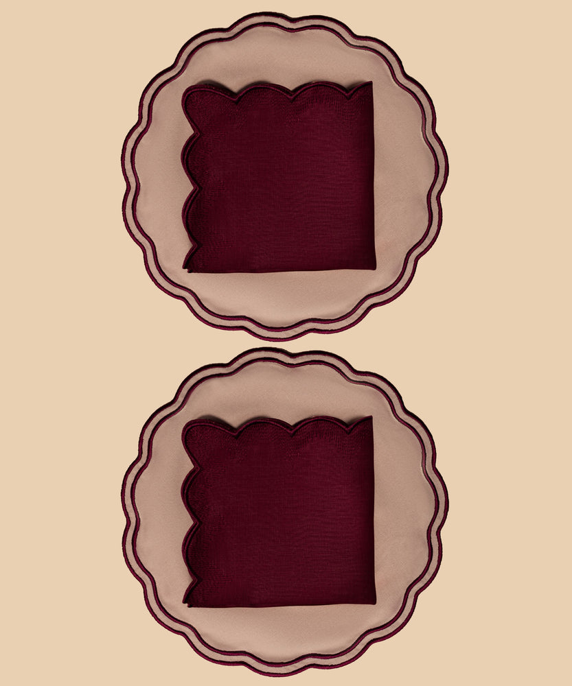 Blush Merlot | Embroidered Placemat & Scalloped Napkin (Set of 2 Placemats & 2 Napkins)