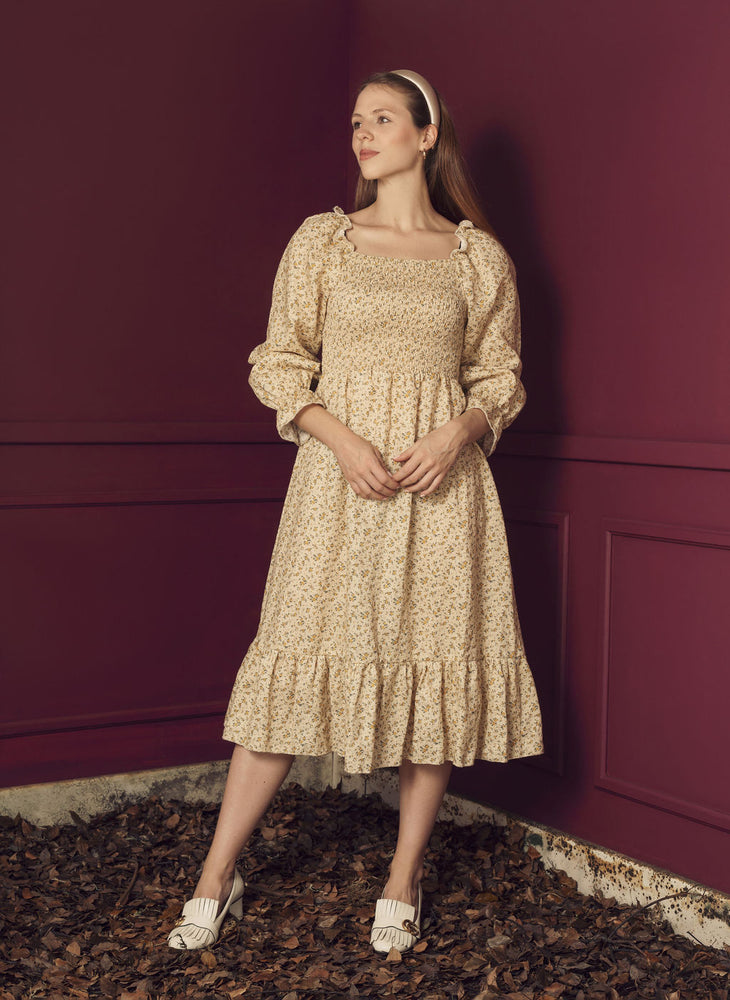 (PRE-ORDER) SABRINA | VINTAGE LINEN FLORAL SHIRRED DRESS