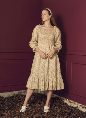 (PRE-ORDER) SABRINA | VINTAGE LINEN FLORAL SHIRRED DRESS
